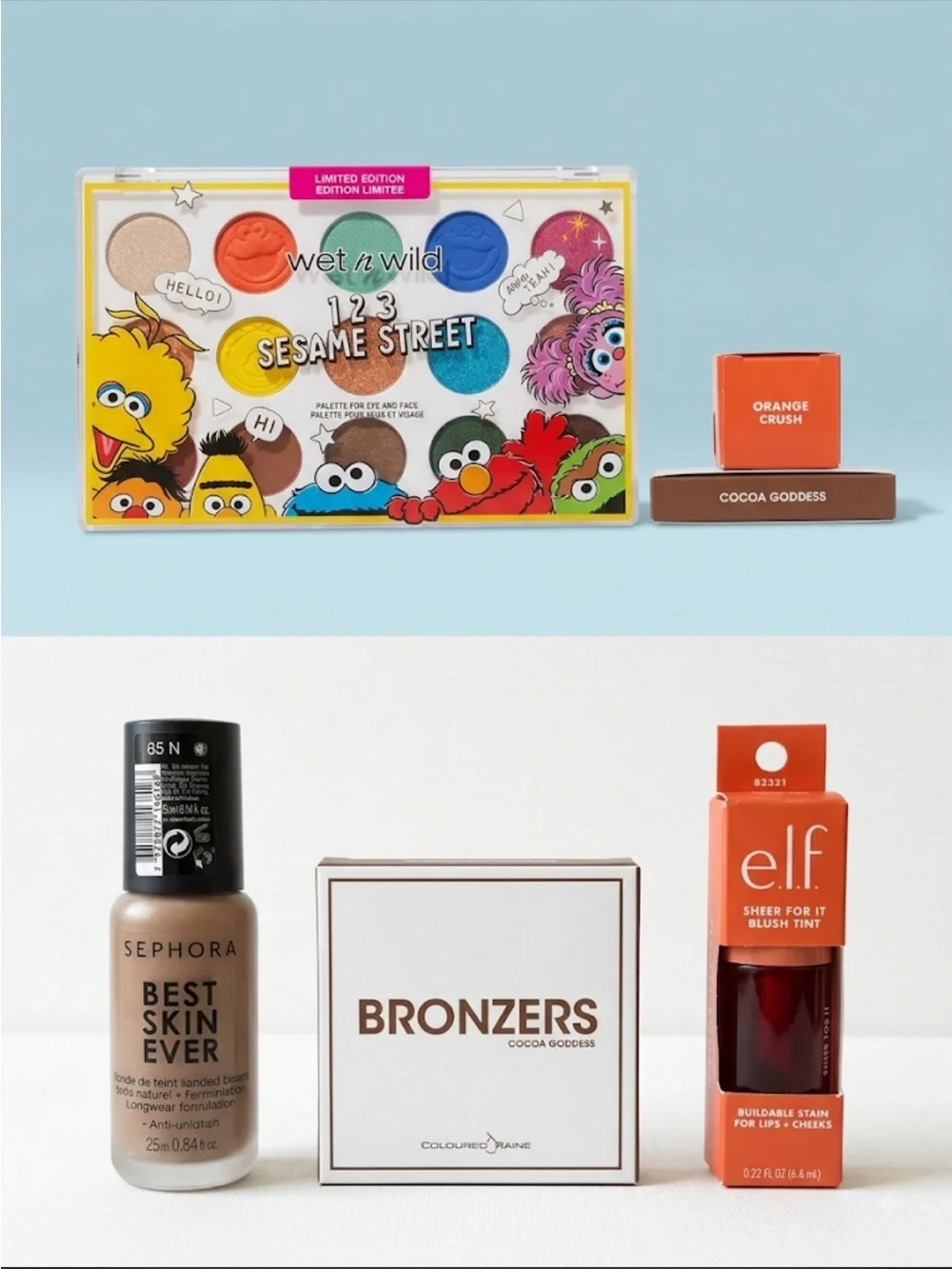 Makeup palette, foundation, blush tint, bronzer